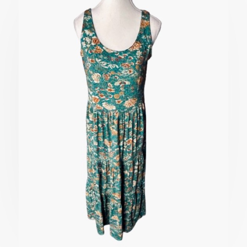 Peruvian Connection 100% Cotton Turquoise Tiered Floral Boho Dress Midi Maxi Med